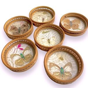 Vintage Butterfly Coaster Set real wings Bamboo Rattan set 6